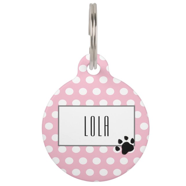 Cute pink polka dot paw print pet tag (Front)