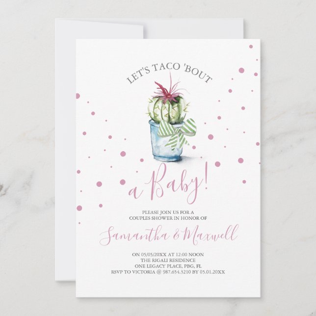 Cute Pink Polka Dots Cactus Baby Shower Invitation (Front)