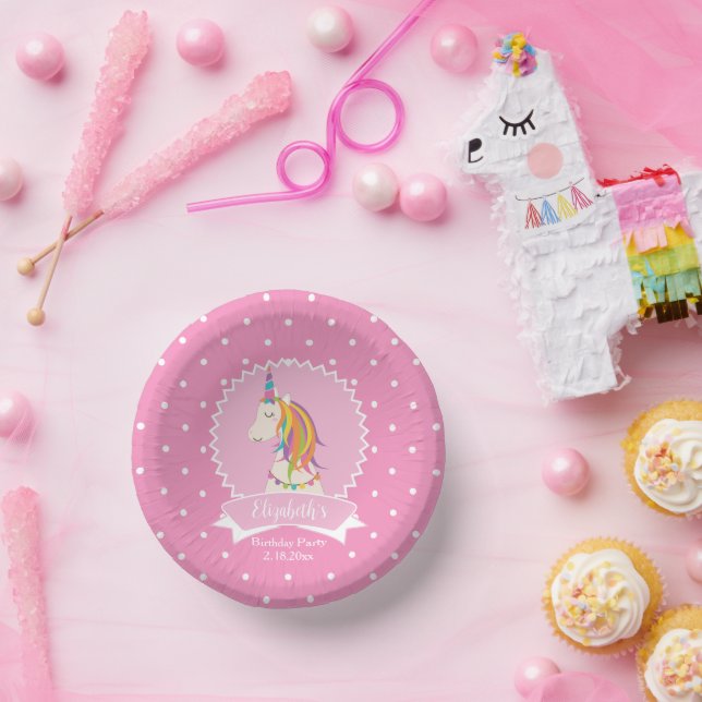 Cute Pink Polka Dots Magical Unicorn Girl Birthday Paper Plate (Party)