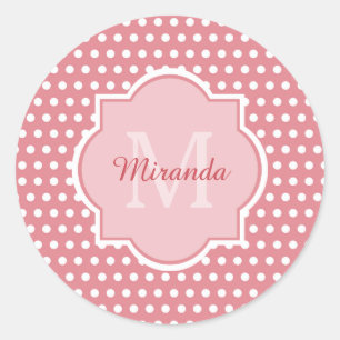 Cute Pink Polka Dots With Monogram and Name Classic Round Sticker