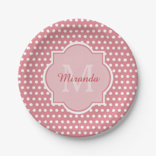 Cute Pink Polka Dots With Monogram and Name Paper Plate