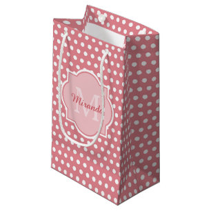 Cute Pink Polka Dots With Monogram and Name Small Gift Bag