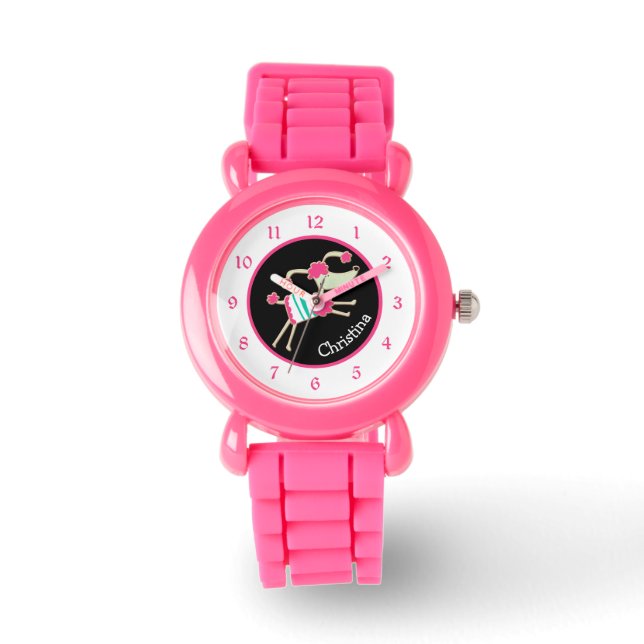 Cute Pink Poodle Personalised Kids Watch (Front)