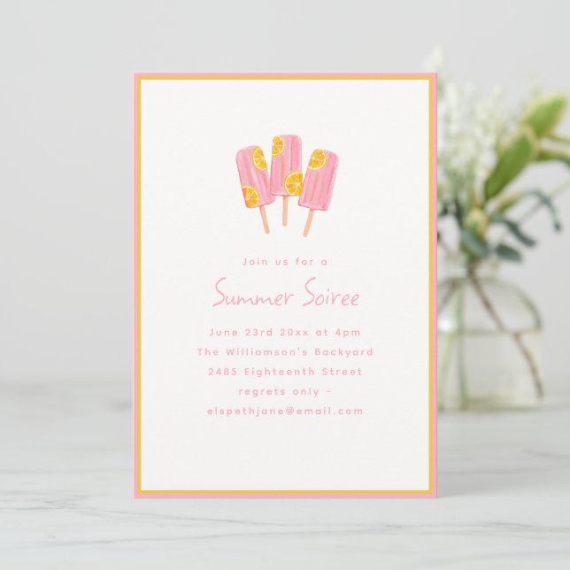 Cute Pink Popsicle Lemon Summer Soiree Party Invitation (Standing Front)