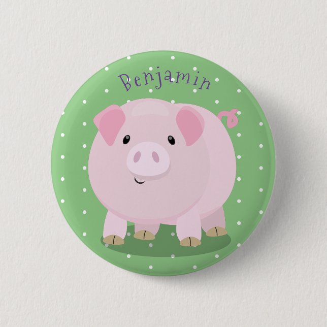 Cute pink pot bellied pig cartoon illustration 6 cm round badge (Front)