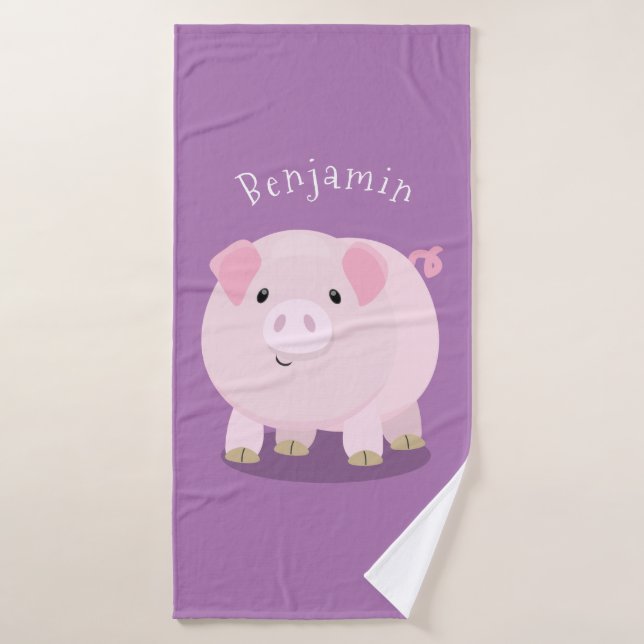 Cute pink pot bellied pig cartoon illustration bath towel set (Bath Towel)
