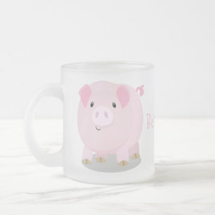 Cute pink pot bellied pig cartoon illustration frosted glass coffee mug
