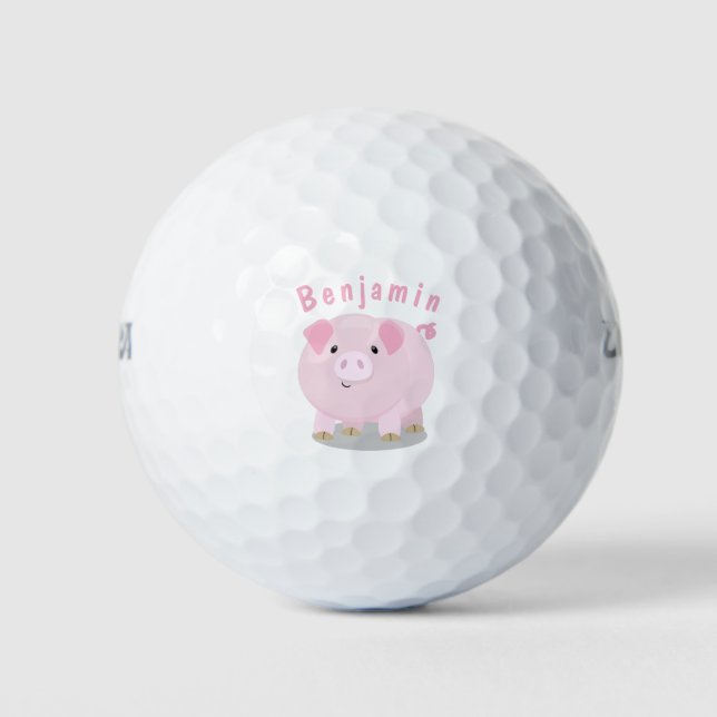 Cute pink pot bellied pig cartoon illustration golf balls (Front)