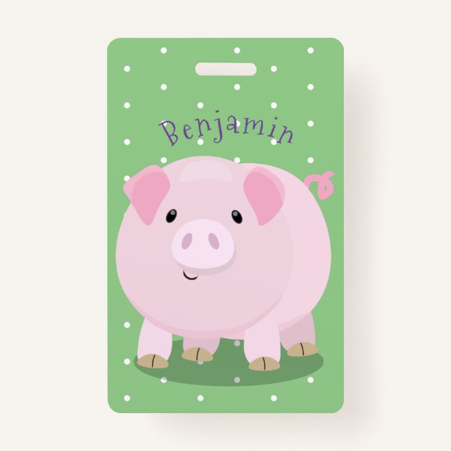 Cute pink pot bellied pig cartoon illustration ID badge (Front)