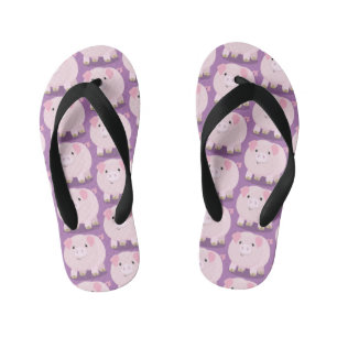 Cute pink pot bellied pig cartoon illustration kid's jandals