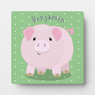 Cute pink pot bellied pig cartoon illustration plaque