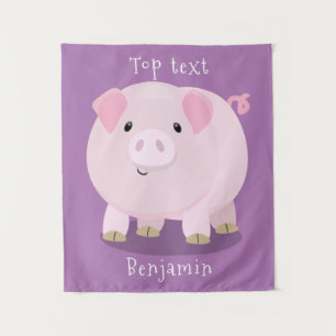 Cute pink pot bellied pig cartoon illustration  tapestry