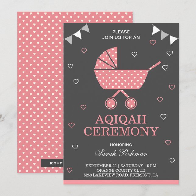 Cute Pink Pram Baby Girl Aqiqah Invitation (Front/Back)
