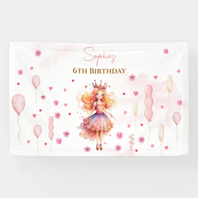 Cute pink princess and balloons birthday banner (Horizontal)