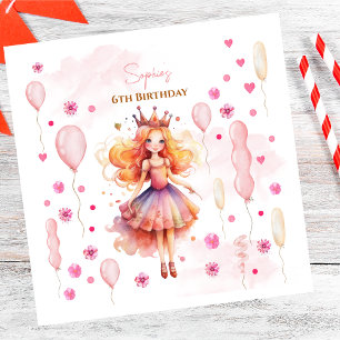 Cute pink princess and balloons birthday napkin