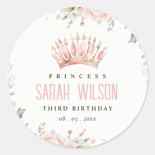 Cute Pink Princess Crown Tiara Floral Birthday Classic Round Sticker (Front)