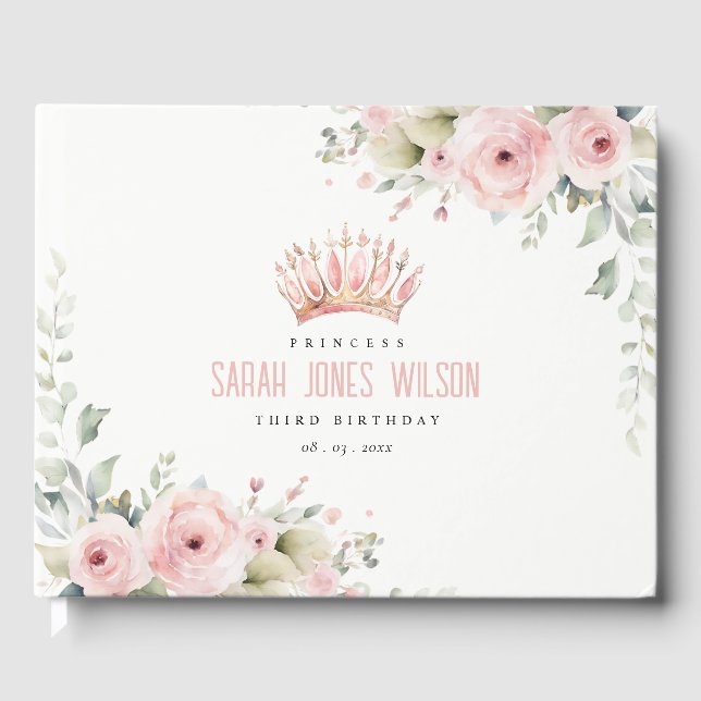 Cute Pink Princess Crown Tiara Floral Birthday Guest Book (Front)