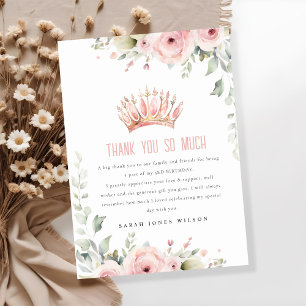 Cute Pink Princess Crown Tiara Floral Birthday Thank You Card