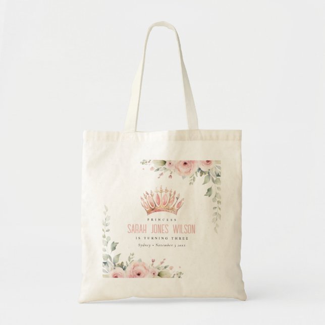 Cute Pink Princess Crown Tiara Floral Birthday Tote Bag (Front)