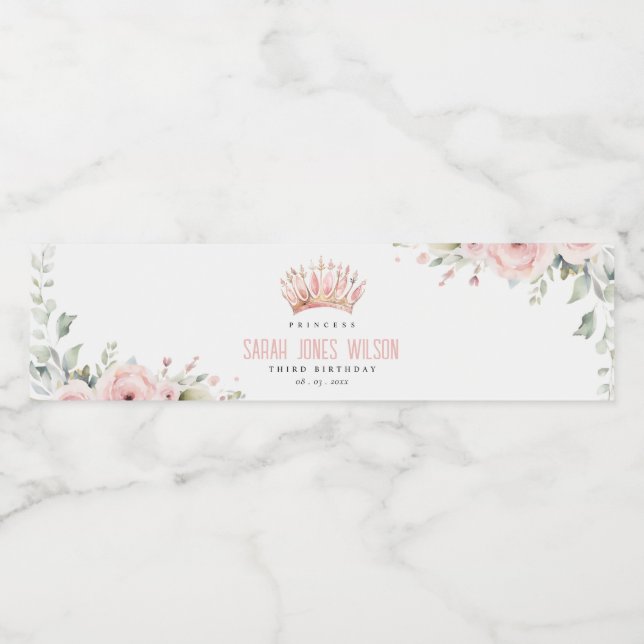 Cute Pink Princess Crown Tiara Floral Birthday Water Bottle Label (Single Label)
