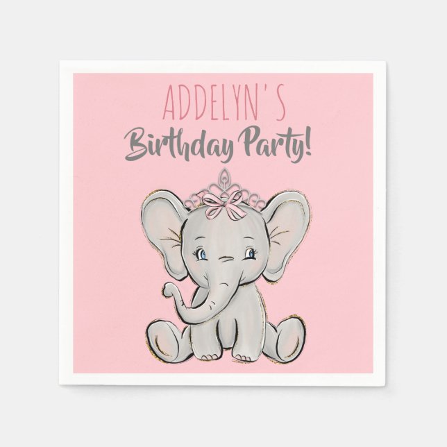 Cute Pink Princess Elephant Child's Birthday Party Napkin (Front)