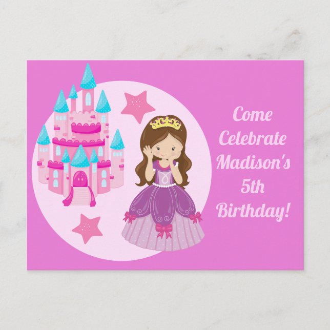 Cute Pink Princess Girl Birthday Party Invitation Postcard (Front)