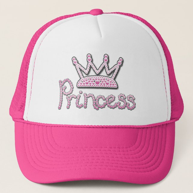 Cute Pink Printed Pearls Princess Crown Trucker Hat (Front)