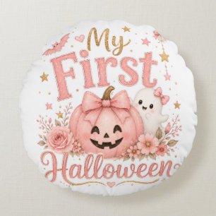 Cute Pink Pumpkin 1st Halloween  Round Cushion