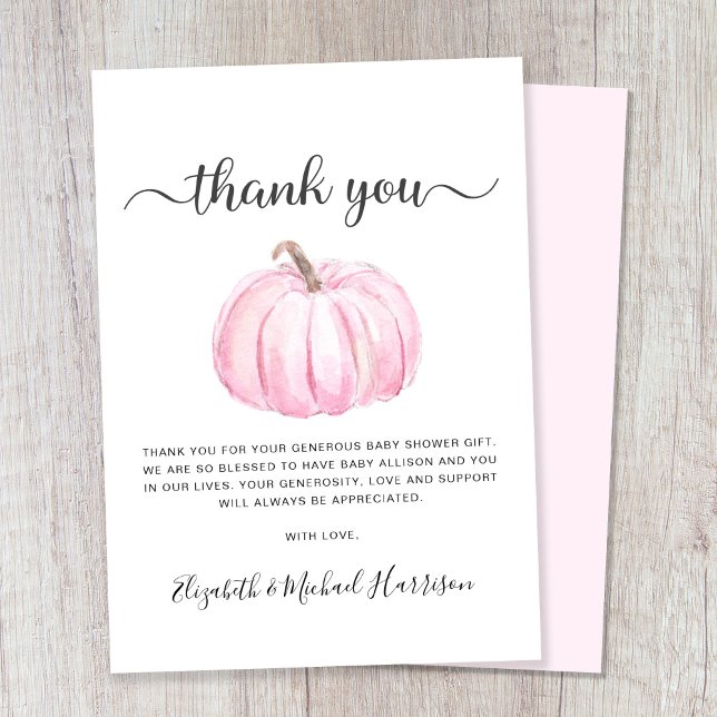 Cute Pink Pumpkin Baby Girl Shower Thank You Card (Creator Uploaded)