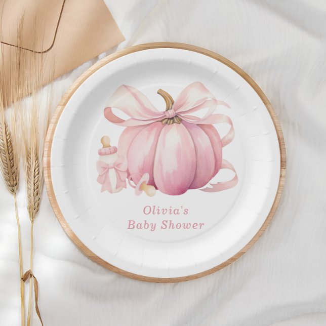 Cute Pink Pumpkin Bow Baby Shower Paper Plate (Creator Uploaded)