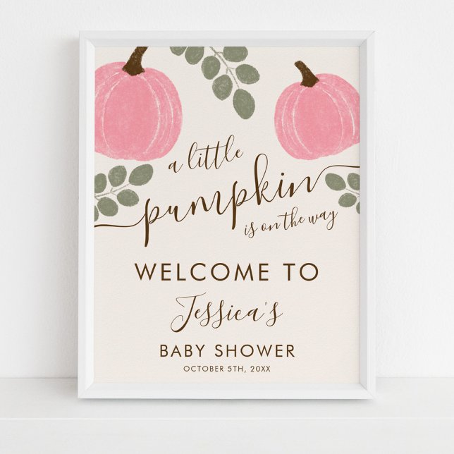 Cute Pink Pumpkin Eucalyptus Baby Shower Welcome Poster (Creator Uploaded)