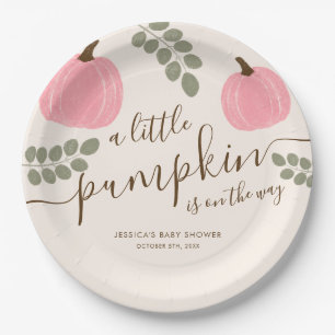 Cute Pink Pumpkin Eucalyptus Fall Girl Baby Shower Paper Plate