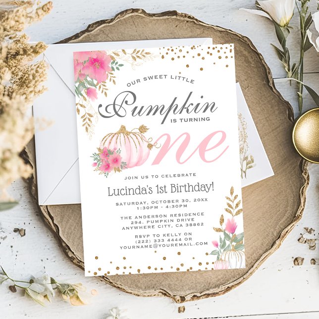 Cute Pink Pumpkin Floral 1st Birthday Invitation (Creator Uploaded)