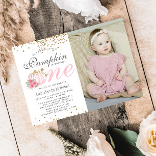 Cute Pink Pumpkin Floral 1st Birthday Photo Invita Invitation