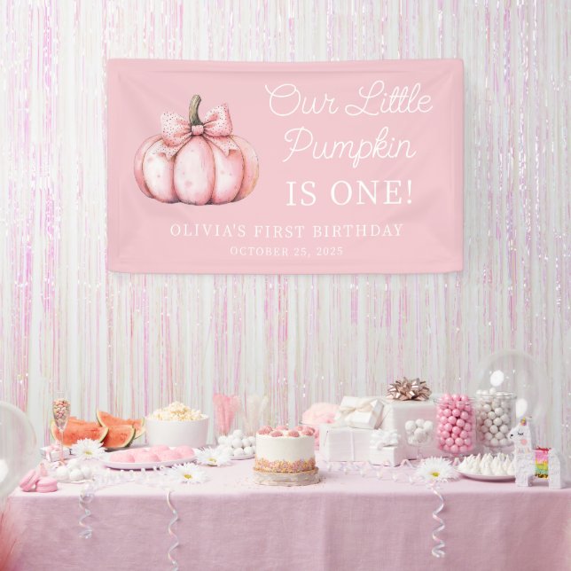 Cute Pink Pumpkin Girl Baby 1st Birthday Banner (Party)