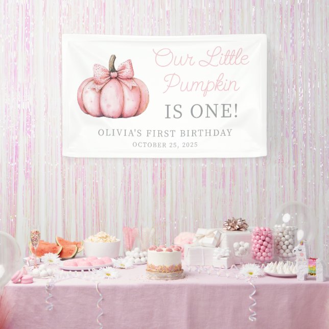 Cute Pink Pumpkin Girl Baby First Birthday Banner (Party)