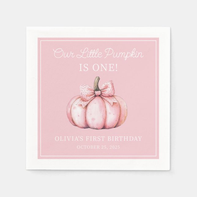 Cute Pink Pumpkin Girl Baby First Birthday Napkin (Front)