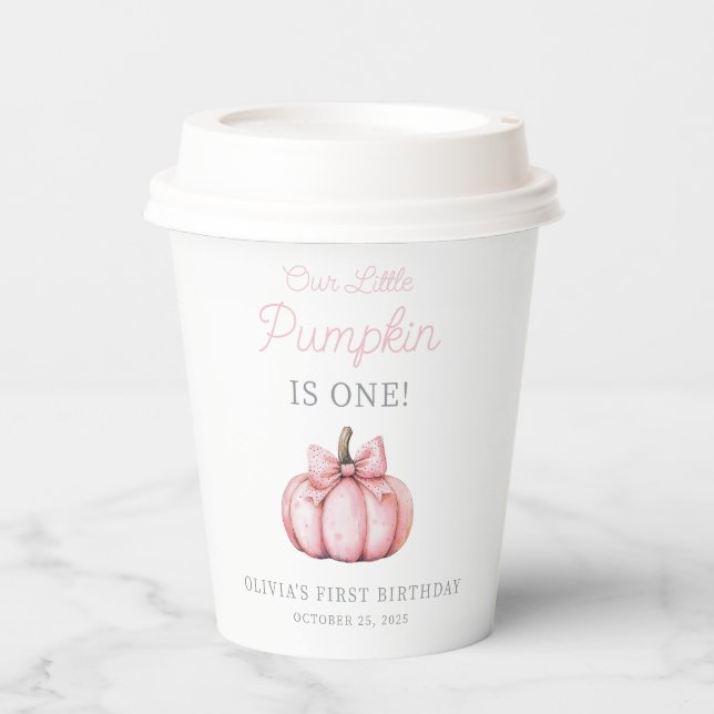 Cute Pink Pumpkin Girl Baby First Birthday Paper Cups (Front)