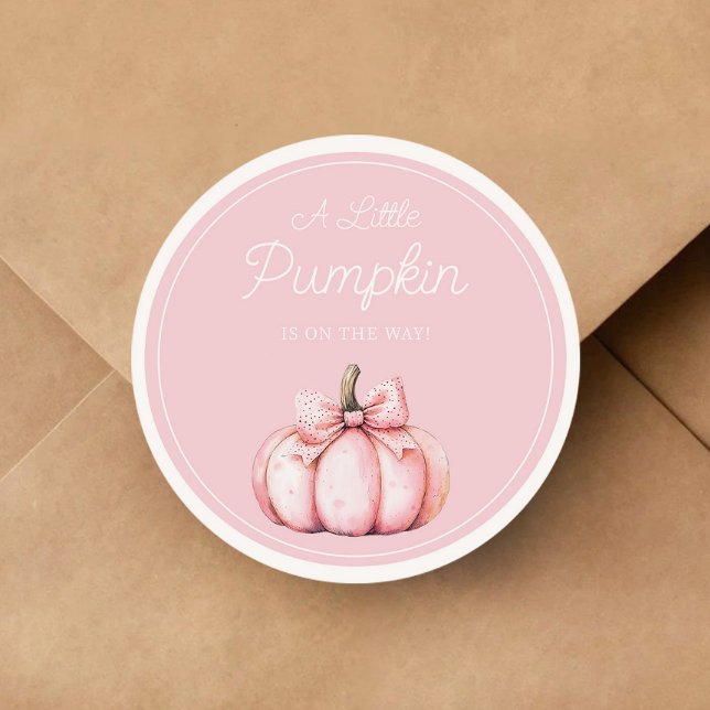 Cute Pink Pumpkin Girl Baby Shower Classic Round Sticker (Cute Pink Pumpkin Girl Baby Shower Classic Round Sticker)