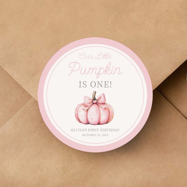 Cute Pink Pumpkin Girl First Birthday Classic Round Sticker (Cute Pink Pumpkin Girl First Birthday Classic Round Sticker)
