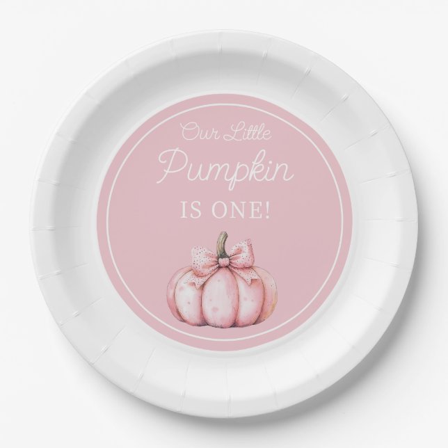 Cute Pink Pumpkin Girl First Birthday Paper Plate (Front)