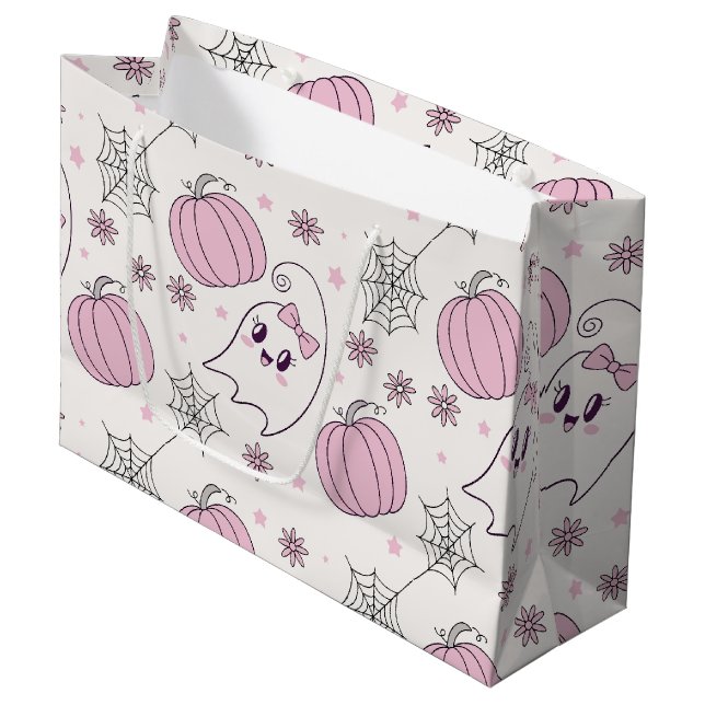 Cute Pink Pumpkin Halloween Pattern Large Gift Bag (Front Angled)