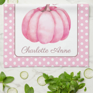 Cute Pink Pumpkin on Polka Dots Personalized Tea Towel