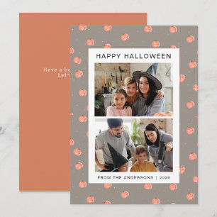 Cute Pink Pumpkin Pattern Family 2 Photo Halloween Holiday Card