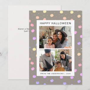 Cute Pink Pumpkin Pattern Family 2 Photo Halloween Holiday Card