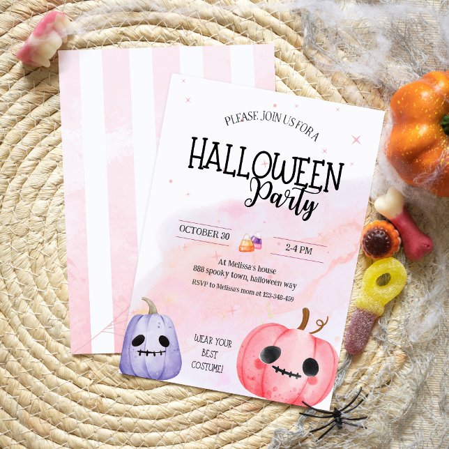 Cute pink pumpkin watercolor kids halloween party invitation (Creator Uploaded)