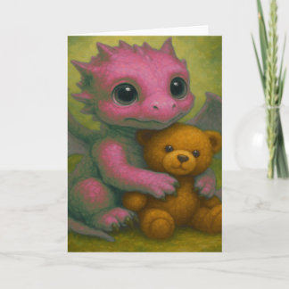 Cute Pink Puppy Eyed Baby Dragon with Teddy Bear Card