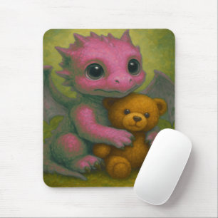 Cute Pink Puppy Eyed Baby Dragon with Teddy Bear Mouse Pad