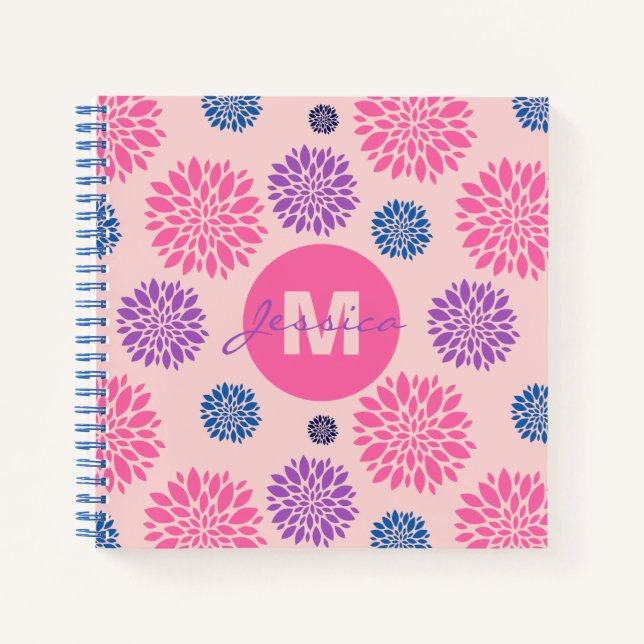 Cute Pink Purple Blue Floral Pattern Personalised Notebook (Front)