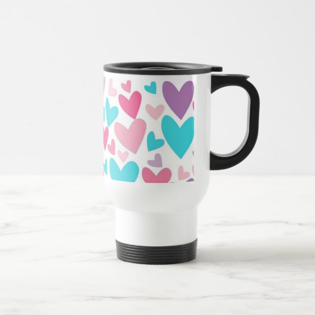 Cute Pink Purple & Blue Hearts Pattern Travel Mug (Right)